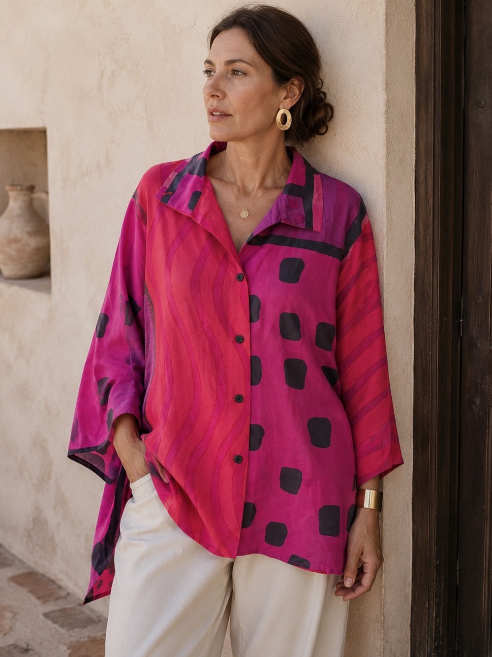 Kay Chapman Silk Blouse Pink 3X Abstract Art Plus Size Luxe Top Art To Wear
